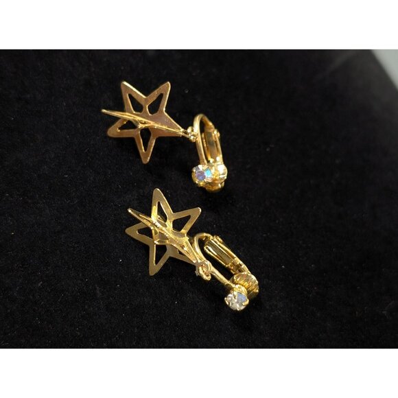 Vintage Gold Tone 3D Star AB Rhinestone Dangle Clip On Earrings - Picture 2 of 7